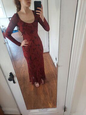 Realisation Par The Inka Calla Lily Red Maxi Long Sleeve Silk Dress
